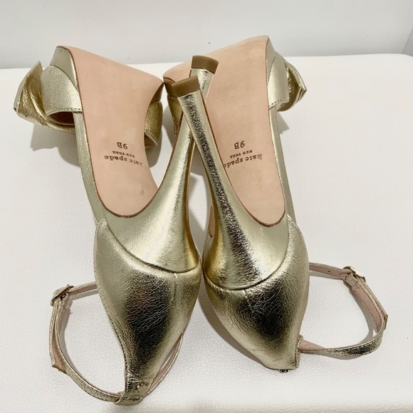 Kate Spade Bridal Bow Gold Leather Platform Sandal Stiletto Heel Evening Pumps 9 - Picture 9 of 10